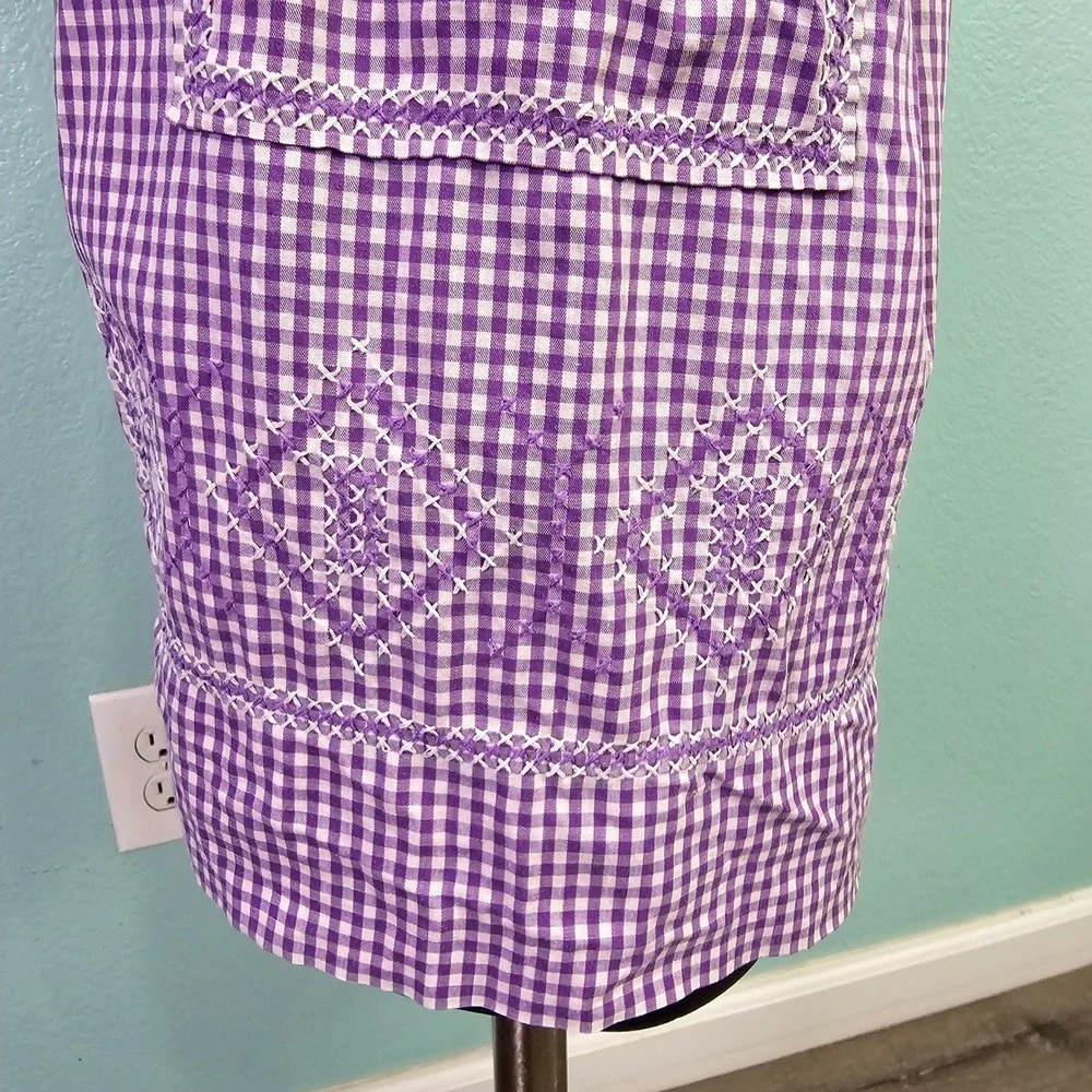 Vintage Handmade Purple Gingham Half Apron White Cross Stitch Embroidery Pockets